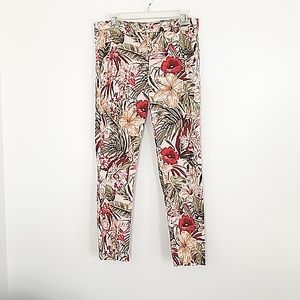 Zara Tropical Floral Cropped Pants Slim Leg Pockets Women's Size Large Pre-owne